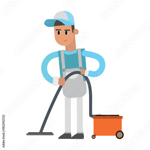 Diligent janitor cleaning the floor with a vacuum cleaner machine. Concept of housekeeping service