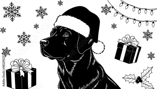 Rottweiler dog in red santa hat portrait. Watercolor christmas illustration isolated on transparent background. Generative AI
