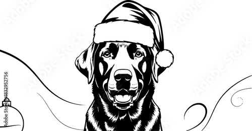 Rottweiler dog in red santa hat portrait. Watercolor christmas illustration isolated on transparent background. Generative AI
