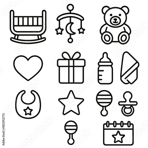 Baby Icon Set. Welcome Baby linear icon set. cradle, mobile, teddy bear, blanket, heart, gift, bottle, pacifier, bib, star, rattle, calendar