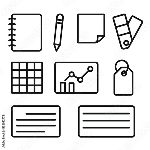 Design Tools Icons. Creative Inquiry Tools linear icon set: sketchpad, pencil, sticky note, color swatch, grid sheet, chart panel, reference tag, note card