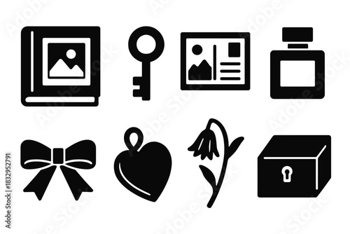 Brutalist Icon Collection. Timeless Keepsakes silhouette icon set. photo album, key, postcard, perfume bottle, ribbon, locket, dried flower, memory box