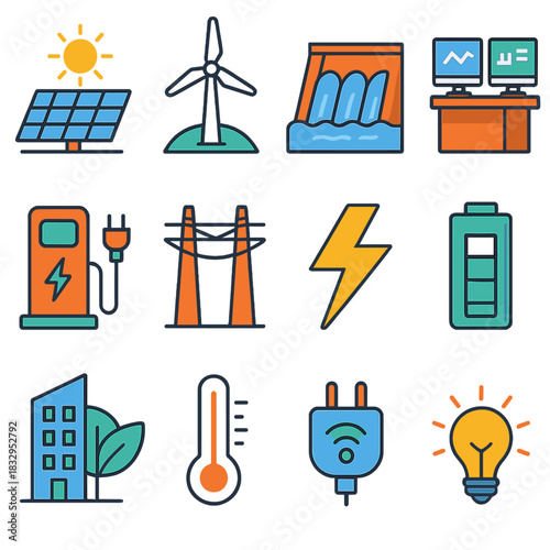 Modern Clean Energy Icons. Clean energy systems flat icons set. solar farm, wind farm, hydro dam, control center, charging port, grid line, lightning bolt, storage battery, eco