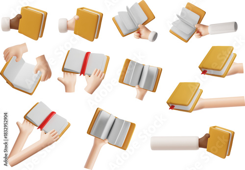 Book in hand, exchange 3D style vector illustrations set, brown hardcover opened book with white sheets and bookmark