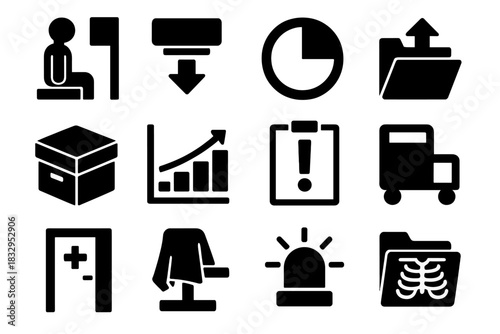 X-ray Workflow Icons. X-ray Workflow Icons silhouette icon set: patient positioning, image capture arrow, scan progress bar, file transfer symbol, data archiving box, exposure