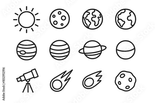 Minimalist Solar System Icons. Planetary System linear icon set: sun, mercury, venus, earth, mars, jupiter, saturn, uranus, neptune, telescope, comet, asteroid