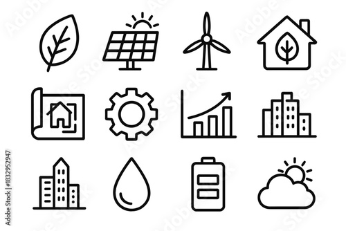 Eco-Futuristic Icons. Sustainable future design linear icon set: leaf, solar roof, wind turbine, eco house, blueprint, gear, energy chart, city skyline, water droplet, battery