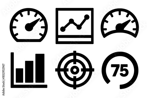Bold Metrics Icons. Metrics silhouette icon set. speedometer icon, line chart, KPI gauge, bar graph, target symbol, progress counter.