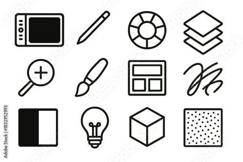 Digital Art Tools Icons. Concept art tools linear icon set. tablet, stylus, color wheel, layer icon, zoom tool, brush tip, moodboard, sketch lines, gradient box, idea bulb, 3D cube