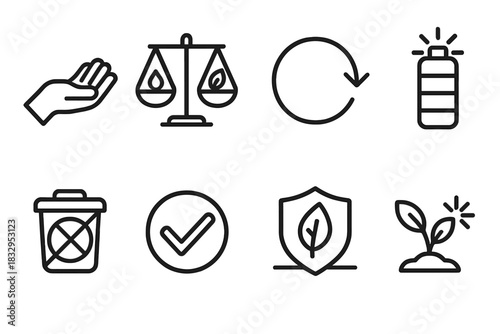 Sustainable Operations Icons. Responsible Operations linear icon set: ethical hand, resource balance scale, circular process arrow, energy tracker, reduced waste icon, responsible