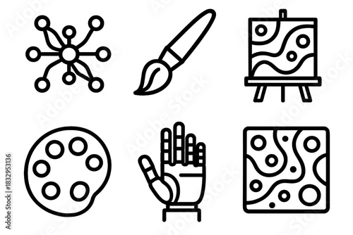 Abstract Robot Art. AI Art Creation linear icon set. neural network, digital brush, canvas, color palette, robot hand, abstract pattern