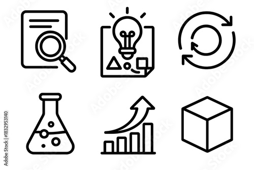 Innovation Icon Set. Innovation Process Set linear icon set: research icon, concept sketch, iteration loop, testing flask, improvement arrow, final output block