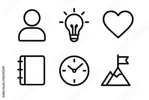 Inspirational Icon Set. Personal inspiration linear icon set. person icon, light bulb, heart, notebook, clock, mountain flag.