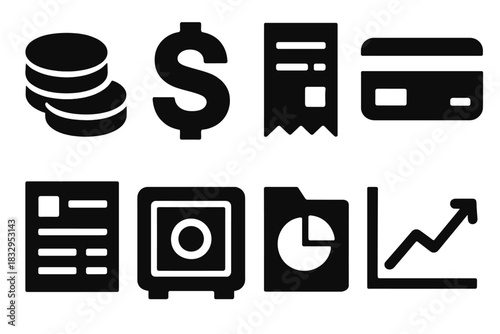 Bold Finance Icons. Business Finance silhouette icon set: coin stack, dollar symbol, receipt, credit card, balance sheet, safe box, budget folder, trend line