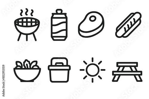 Summer Barbecue Icons. Summer Barbecue Icons linear icon set. grill, soda can, steak, hot dog, salad bowl, cooler, sun, picnic table.
