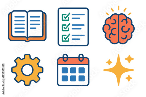 Personal Growth Symbols. Personal Development flat icon set: notebook, checklist, brain, gear, calendar, spark