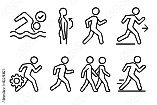 Movement Optimization Icons. Movement optimization actions linear icon set: refining technique, improving posture, enhancing stride, adjusting form, increasing efficiency, reducing