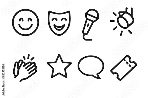 Joyful Comedy Icons. Laughter and joy concept linear icon set: happy face, comedy mask, microphone, spotlight, hands clapping, star, speech bubble, ticket