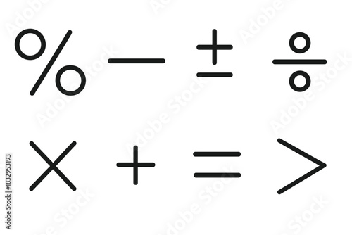 Math Symbols Array. Numeric concepts linear icon set: percentage sign, fraction bar, equation symbol, plus-minus, division dot, multiplication cross, equal sign, greater-than sign