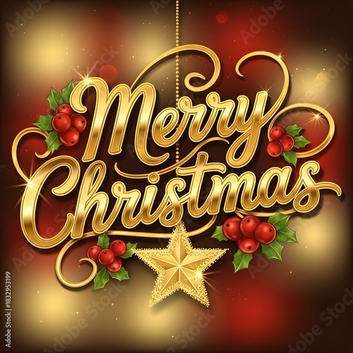 3d illustration of golden merry christmas text with holly and star