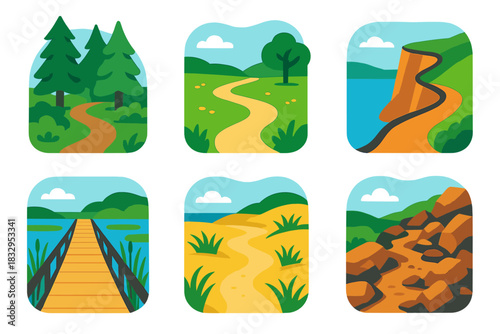 Nature Pathway Icons. Pathways Nature flat icon set: forest footpath, meadow trail, cliffside walkway, wetland boardwalk, dune path, rocky ascent