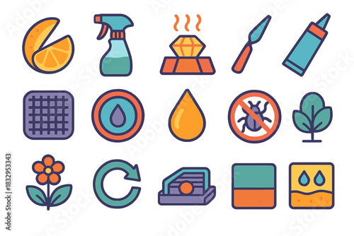 Natural Pest Control Icons. Natural Pest Control Kit flat icon set: citrus peel symbol, vinegar spray bottle, non-toxic lure, crack filler, mesh screen patch, dry zone indicator