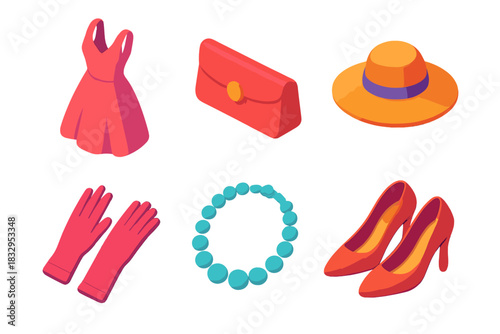 Chic Fashion Icons. Elegant Fashion flat icon set: Dress, Clutch, Hat, Gloves, Necklace, Shoes