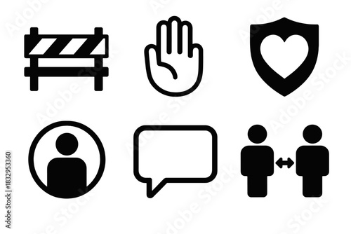 Icons of Relationship Boundaries. Relationship Boundaries Set silhouette icon set: boundary line, stop hand, heart shield, personal space icon, clear speech bubble, respectful