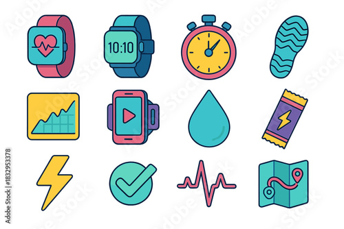 Isometric Fitness Icons. Fitness Focus flat icons set. heart rate monitor, smartwatch, timer, shoe print, pace chart, phone armband, water drop, energy bar, lightning icon