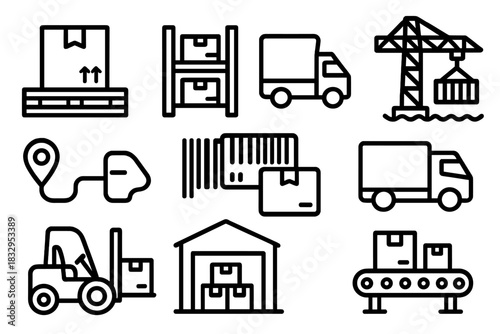Logistics Icons Outline. Cargo Management Set linear icon set: cargo pallet, warehouse shelves, truck route, port crane, delivery barcode, transport icon, package loading