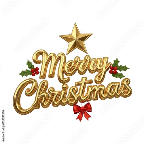 3d illustration of golden shiny merry christmas text isolated on white background