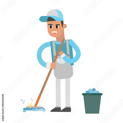 Diligent janitor mopping the floor with a bucket nearby. Concept of housekeeping service