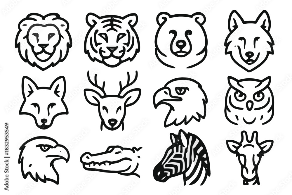 Naklejka premium Wildlife Icons Collection. Wildlife Collection linear icon set: lion, tiger, bear, wolf, fox, deer, eagle, owl, hawk, crocodile, zebra, giraffe