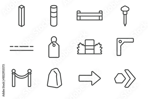 Outline Boundary Icons. Exterior Delineation Elements linear icon set: boundary pole, marker band, low-profile rail, outdoor stake cap, pathway boundary strip, visibility tag