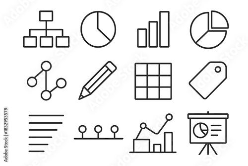 Infographic Elements Overview. Infographic Design linear icon set. flow chart, percentage circle, stacked bars, pie segments, data icons, pencil, layout grid, label tag, visual