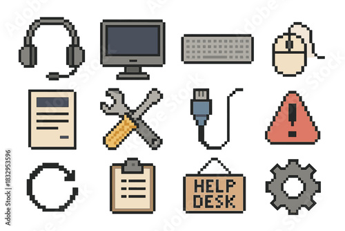 IT Support Pixel Icons. IT Support Elements Set pixel style icon set: headset, computer monitor, keyboard, mouse, service ticket form, troubleshooting wrench, network cable, error
