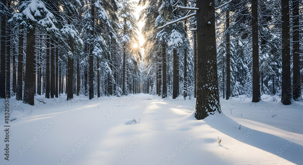 Obraz premium Sunlight streams through snow covered pine trees illuminating a winter forest path