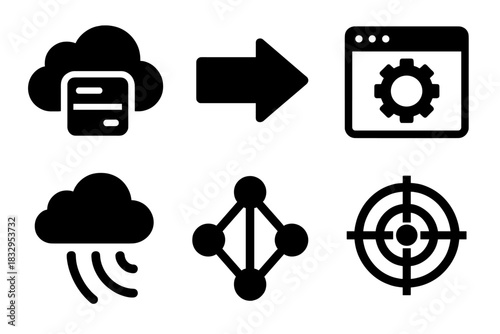 Brutalist Data Icons. Cloud Data Pipeline silhouette icon set: cloud storage, connector arrow, API integration, real-time stream, distributed nodes, analytics target