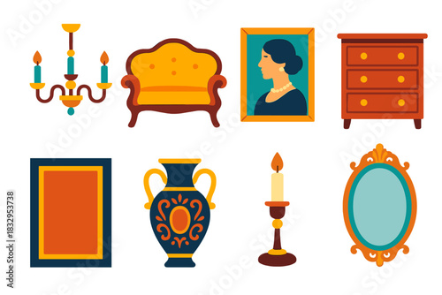 Classic Interior Icons. Classic Interior Set flat icon set: chandelier, vintage sofa, framed portrait, wooden dresser, floor rug, ornate vase, candle holder, decorative mirror