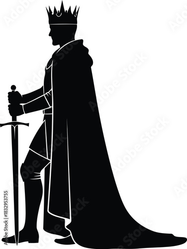 King silhouette with sword and crown, regal warrior