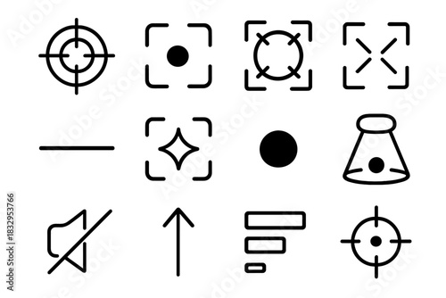 Focus Icons Collection. Focus Icons linear icon set: target ring, centered dot, clarity lens, narrowing arrows, steady line, focus spark, isolated point, spotlight circle, quiet