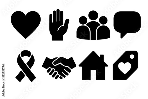 Community Support Icons. Community Support Essentials silhouette icon set: heart icon, helping hand, group circle, chat bubble, support ribbon, handshake, home symbol, care tag