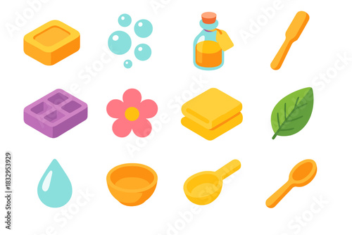 DIY Soap Icon Set. DIY Bath Soap Icons flat icon set: soap bar, bubbles, oil bottle, spatula, mold, flower, towel, leaf, water droplet, bowl, scoop, spoon