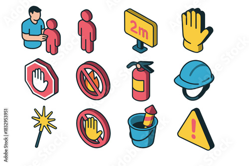 Fireworks Safety Icons. Child Safety with Fireworks flat icons set. adult supervision icon, child silhouette, safe distance marker, glove, stop sign, no fire symbol, extinguisher