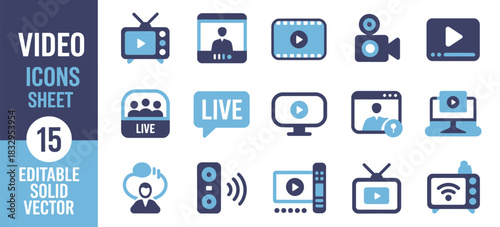 Video icon set flat vector design for media, streaming, camera, play, pause, and online video applications