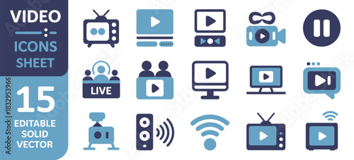 Video icon set flat vector design for media, streaming, camera, play, pause, and online video applications