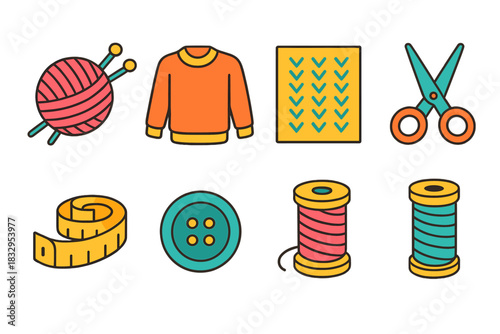 Vibrant Knitting Icons. Knitting flat icons set. yarn ball, knitting needles, sweater, pattern chart, scissors, measuring tape, button, spool of thread