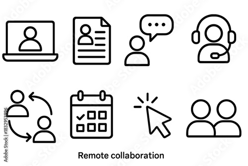 Digital Collaboration Icons. Remote Collaboration linear icon set. video conference, document sharing, chat bubble, laptop, headset, calendar, cursor, people