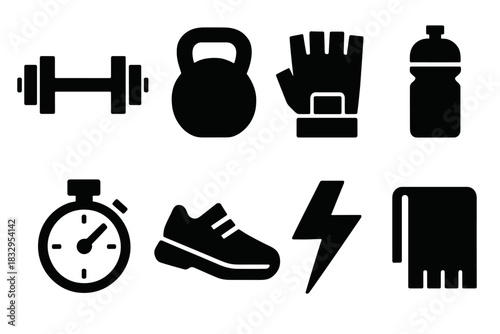 Brutalist Fitness Icons. Physical Strength Set silhouette icon set. barbell, kettlebell, glove, water bottle, stopwatch, shoes, energy icon, towel.