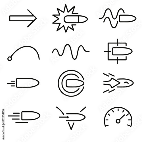 Ballistics Energy Icons. Ballistics Energy Representation linear icon set. velocity arrow, kinetic burst, trajectory curve, energy wave, precision grid, recoil motion, concentric